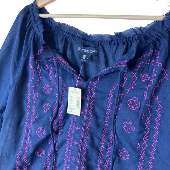 American Eagle long sleeve navy sheer blouse top with purple embroidery-Sz S - Picture 7 of 13